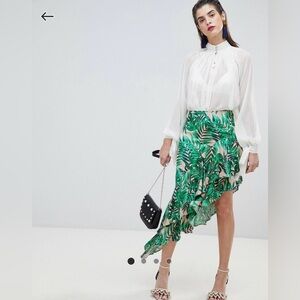 River Island Asymmetrical Satin Skirt. Tropical Prints Kelly Green Midi Skirt